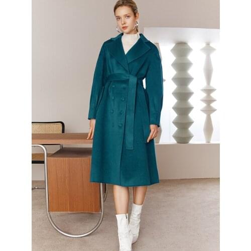 Womens Dress in Autumn 2021 New Peacock Blue Lantern Sleeve Double Faced Woolen Coat Womens Coat