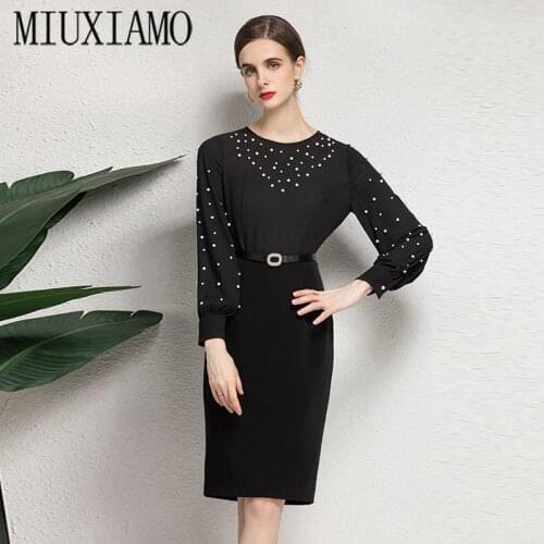 MIUXIMAO 2021 Summer Runway New WomenS Pretty Black Vintage Casual Elegant Full Sleeve Fashion Pearl Dress Vestidos With Belt
