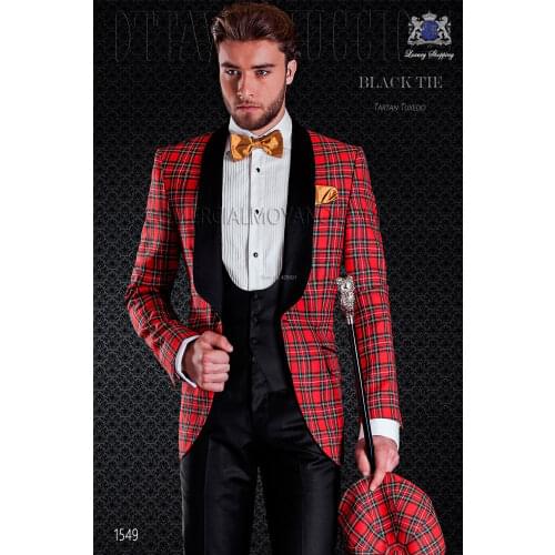 2020 New Arrival Red Men Suits Plaid Smoking Jacket 3 Pieces Italian Tuxedo Terno Slim Fit Suits Wedding Groom Suits For Men
