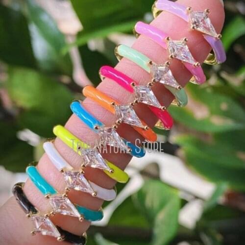 5Pcs RM40083 Gold Jewelry Copper Jewelry Adjustable Rings Enamel Geometric Rhombic Colors Clear Gold Plated Cubic Zirconia Ring