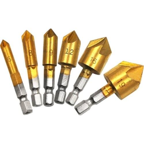 6pcs/lot 6-19mm 90 Degree Countersink hex shank titanium plated 5 Flute woodworking chamfering core drill bit hole opener