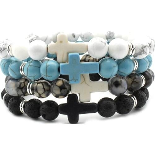 8mm uol4 cross turquoise white Howlite elastic adjusted black volcanic lava Bracelet Stone bead essential oils diffuser