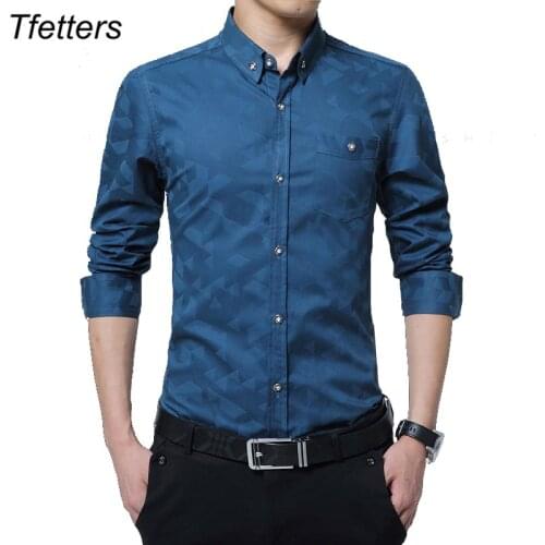 TFETTERS Cotton Smart Casual Men Shirt Long Sleeve Jacquard Weave Slim Fit Shirt Men Cotton Mens Dress Shirts Men Clothes