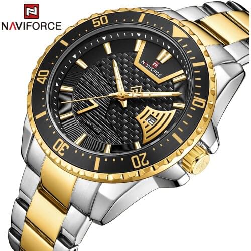 NAVIFORCE Luxury Brand Mens Sport Watch Gold Full Steel Quartz Watches Men Date Waterproof Military Clock Man relogio masculino