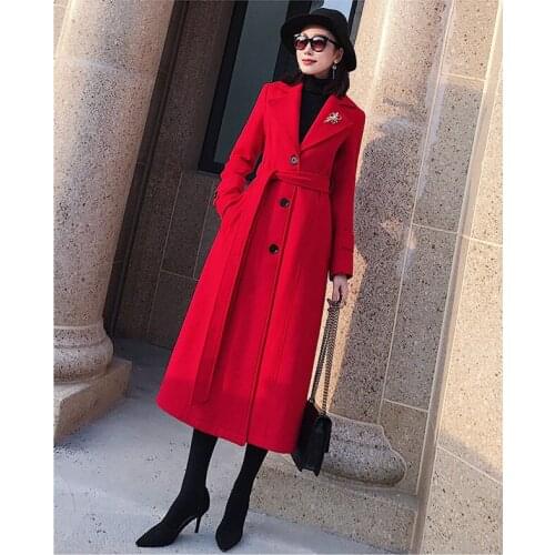 Double breasted over the knee Woolen coat female Military style winter thick was thin cashmere warm woolen coats with belt F257