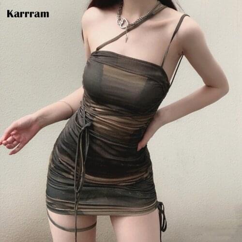 Karrram Fairycore Grunge Green Summer Party Dresses Women Gothic Vintage Bodycon Bandage Mini Dress Drawstring Sexy Clubwear