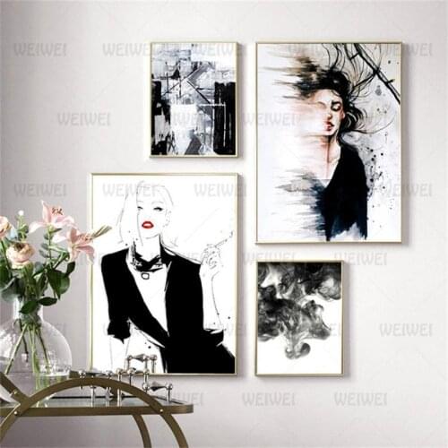 Character Canvas Painting Black and White Fashion Lady Poster Home Decoration Living Room Bedroom Clothes Shop Wall Art Ornament