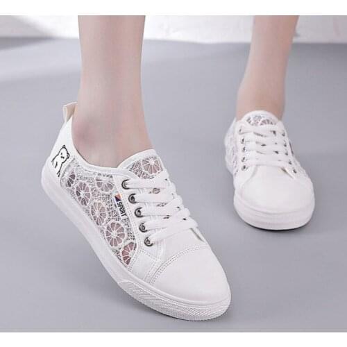 Summer White Women Canvas Shoes Lace Breathable Hollow Summer Ladies Flat Shoes Solid Women Sneakers