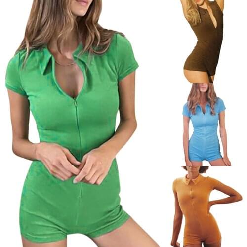 Women Summer Bodysuit, Solid Color Pol o Neck Short Sleeve Zipper-Open Tight Jumpsuit for Girls, trendy clothes for women