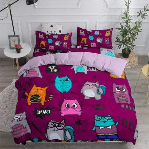 Cartoon Cat Dog Bedding Set Printed Cute Animal Duvet Cover Set Twin Full Queen King Size Bedclothes Bed Cover For Girl Kid Gift