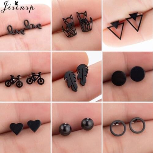 Korean Small Stainless Steel Earrings Women Men Hip Hop Black Round Love Leaf Cat Stud Earrings Everyday Jewelry Gift Friend