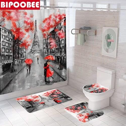 Red Umbrella Lover Paris Tower Bathroom Accessories Set Shower Curtain Washroom Decor Bathtub Toilet Cover Non-slip Rugs Carpet