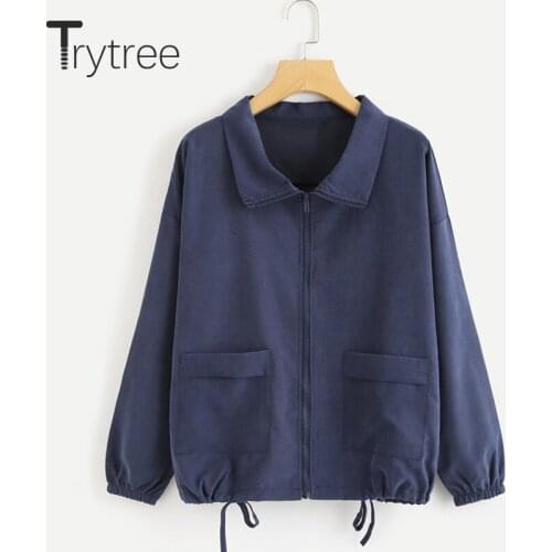 Ttytree 2020 Autumn Casual Womens Jacket Pockets Drawstring Fashion Loose Wide-waisted Solid Zippers Jacket Thin Coat Women