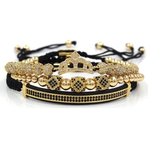 Hot 3Pcs/Set of Luxury Jewelry Mens Hip Hop Gold Crown Bracelet Cubic Micropavé CZ Charm Woven Pulseira Armband