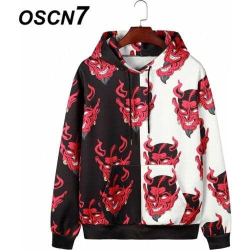 OSCN7 High Street Casual Print Loose Hoodies Men 2021 Winter Japanese Streetwear Harajuku Oversize Hooded Sweatshirt Mens S205