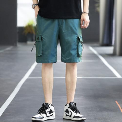 Mens Plus Size Shorts Streetwear Blue 2021 Summer Side Pocket Breeches Mens Elastic Belt Casual Overalls Shorts Men D08