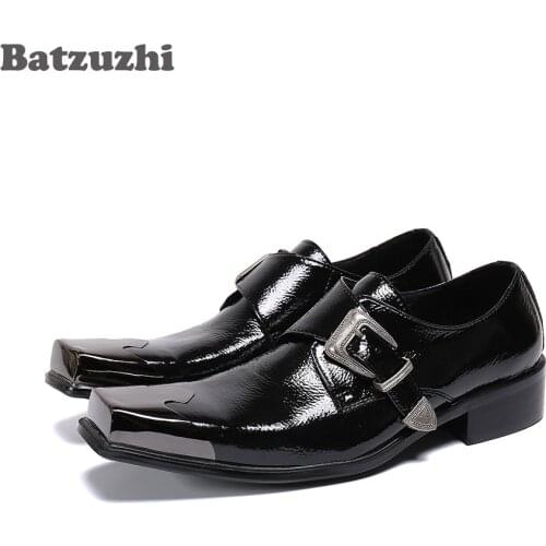 Batzuzhi Western Fashion Mens Shoes Metal Cap Toe Black Genuine Leather Dress Shoes Men Buckle Formal Business Leather Oxfords
