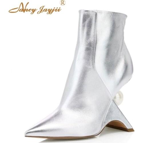 Womens Winter Silver Ankle Booties Pointed Toe Heel High-heeled Pearl Casual Soft Dress Large Size Fashion Banquet Large Size