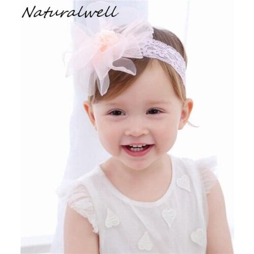 Naturalwell Baby white lace bandage Christening girl headbands Infant girls headpiece Hairband for newborn Chiffon flower HB070