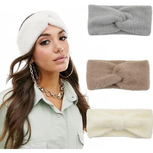New Handmade Knot Fluffy Headbands Autumn Winter Imitation Mink Cashmere Solid Bow Hairbands Simple Warm Womens Headband