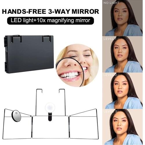 Rechargeable 3-Way Mirror for Self Hair Cutting 360 Degrees Foldable Mirror with LED Light & 10x Magnifier for Makeup at Home