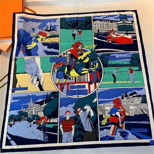 90cm "Wow" Twill 100% Silk Scarf Hand Rolled Edges Luxury Foulard Hijab Scarf Head Square Scarves Women Shawl Brand Design Golf