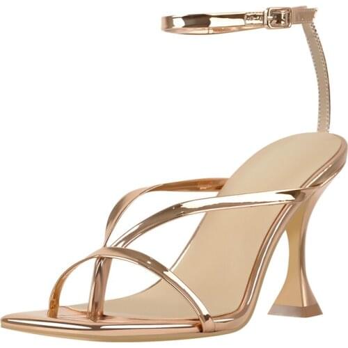 Richealnana Square Toe Sandals Women Flip Flops Patent Leather Ankle Buckle Narrow Strap Clear Metal Kitten Heel Elegant