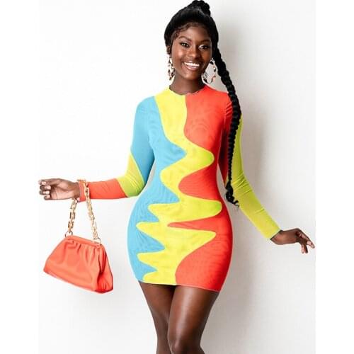 Sexy Colorblock Mesh See Through Long Sleeve O neck Bodycon Dress for Women 2021 Night Out Clubwear Outfit