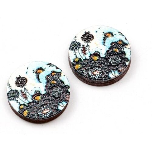 Unique 3D Flower Embossed 16mm Round Coloured Drawing pattern Laser Cut wood Cabochon DIY for Rings, Earring,Brooch,Necklace