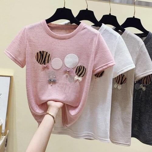 Diamonds Applique Women T-Shirt 2021 Short Sleeve Cotton Shining Bow Fashion Tshirt Female O-Neck Fashion Pink White Tops Khaki