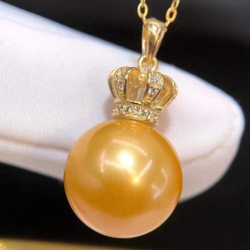 D908 Pearl Pendant Fine Jewelry 925 Sterling Silver Round 13-14mm Fresh Water Golden Pearls Pendants Necklaces for Women Present