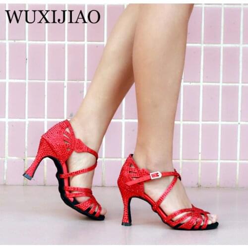 WUXIJIAO Womens Party Satin Dance Shoes Bright rhinestones Soft Bottom Latin Dance Shoes Red / Blue Salsa Dance Shoes heel 9cm