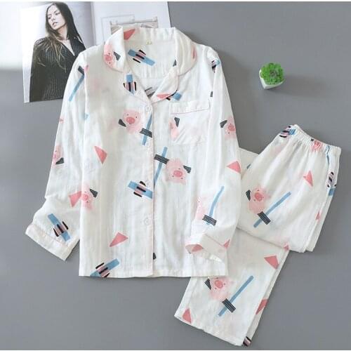 Women Pajamas Sets 100% Gauze Cotton Cartoon Print Pyjamas Ladies Two-piece Set Shirt+Pants Comfort Nature Sleepwear Lounge Wear