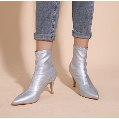 Silver High Heels Women Boots Pointed 8cm Stiletto Chelsea Boots Ladies Autumn Shoes Leather Slip On Ankle Boots Designer Newest