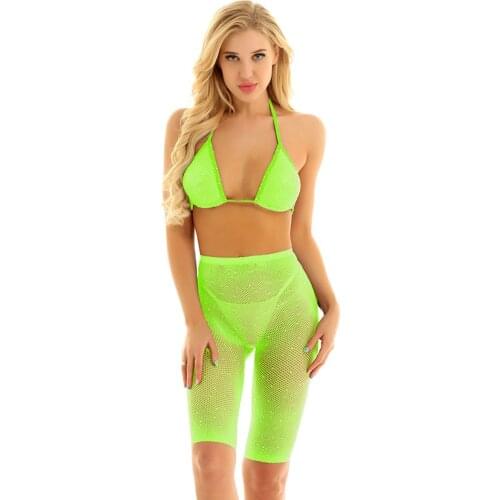 Women See Through Sexy Lingerie Set Sparkle Glitter Fishnet Mesh Halter Neck Bra Tops with Shorts Swimwear Beach Bathing Suit