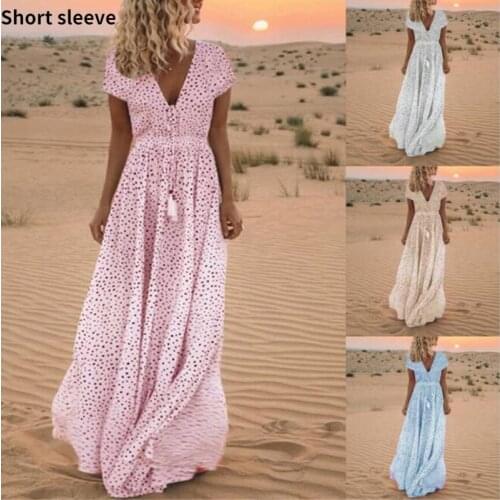 Polka Dot Print Long Party Dress Elegant V Neck Boho Dresses Spring Tassel Maxi Dress Women Summer Short Sleeve Beach Dress 2021