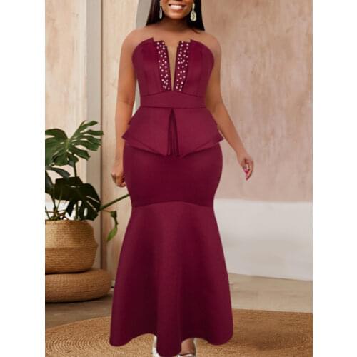 Sexy Women Strapless Party Dress Retro V Neck Beading Peplum Maxi Long Mermaid Dress Christmas Celebrity Night Birthday Outfits