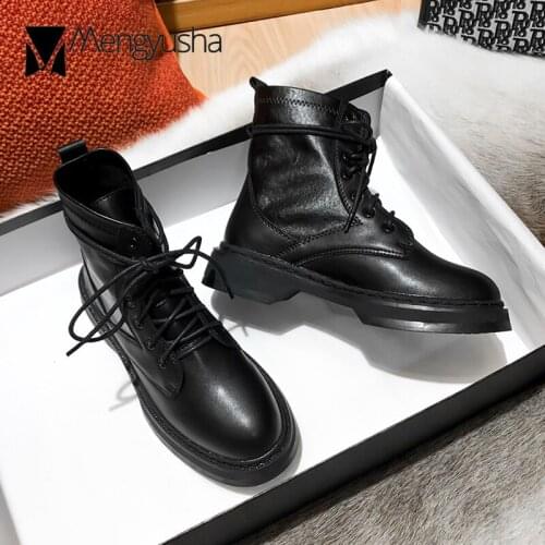 2020 Back Lace-Up Motorcycle Boots Women Platform Chunky Botas Solid PU Leather Street Shoes Preppy Short Ankle Booties Femmina
