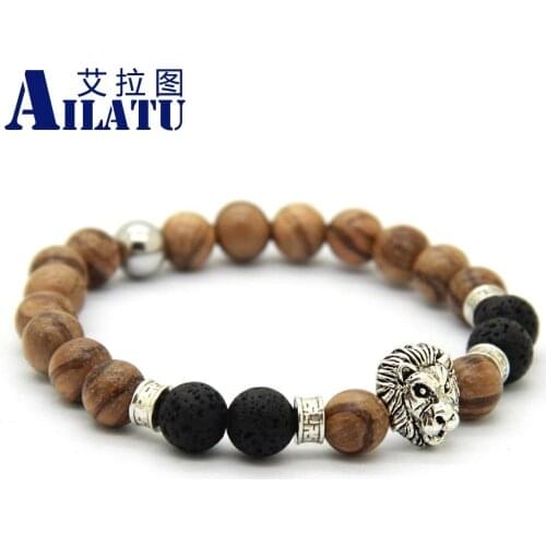 Ailatu Mysterious Energy Natural Wood & Lava Stone Beads Jewelry Fashion Lion Head Bracelet