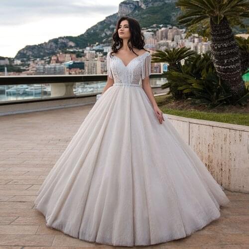Custom Made Shiny Ball Gown Wedding Dresses Plus Size Vestidos Elegantes O-neck Pearls Up Beading Princess Bridal Dresses China