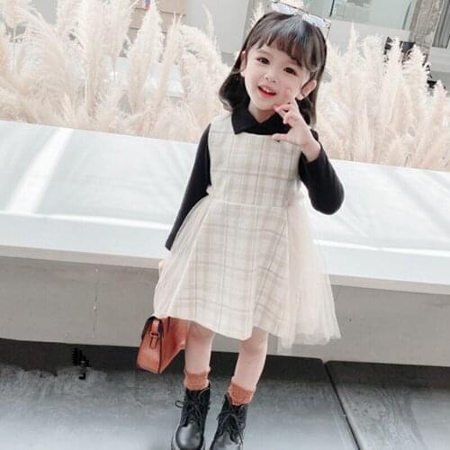 DFXD New Autumn Winter Kids Girl Clothes Set Fashion Turn Down Collar Long Sleeve Shirt+Wool Plaid Vest Dress 2PC Childrens Set
