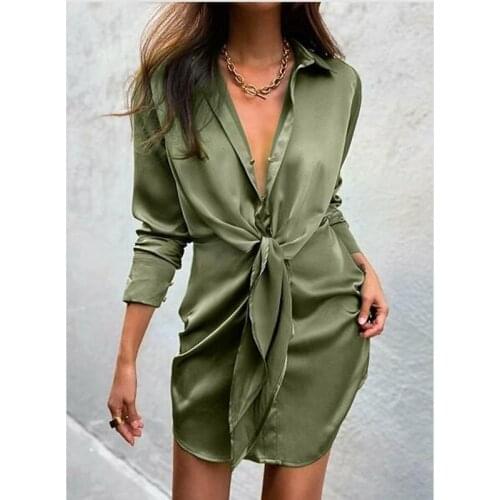 2021 autumn new European style lapel satin shirt pleated long-sleeved lace-up dress African Dresses for Women