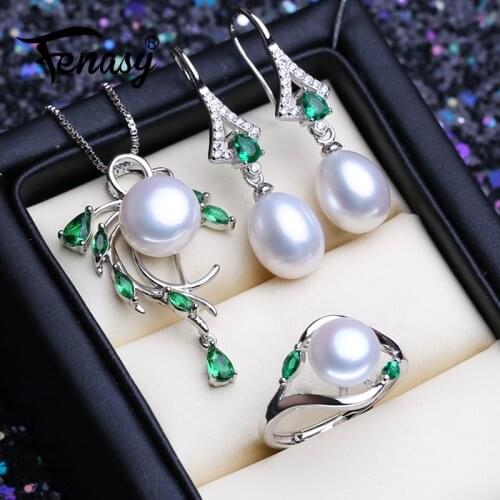 FENASY 925 Sterling Silver Emerald Jewelry Sets Natural Pearl Stud Earrings Luxury Big Pendant Necklace Women Green Stones Ring