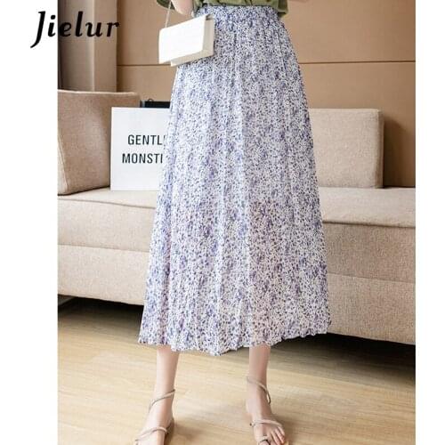Jielur 2021 Summer Chiffon Pink Grey Purple Pleated Skirts for Womens A-line Elastic Waist Skirt Floral Mid-length Skirts Female