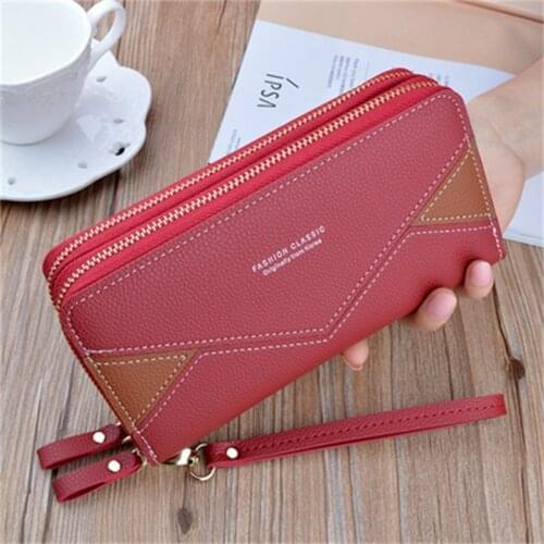 Leather Wallet Women Fashion Hit Color Long Clutch Wallet Double-Layer Large Capacity Purse Credit Card Holder Zip Women Wallet
