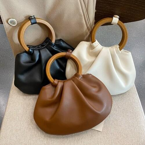 Fashion Ruched Women Shoulder Bags Designer Wooden Handle Handbag Luxury Soft Pu Leather Crossbody Bag Female Small Tote Purses