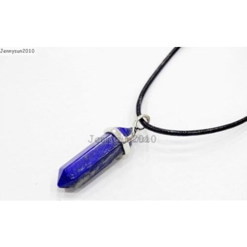 Natural Lapis Lazuli Gems Stones Hexagonal Pointed Healing Reiki Chakra Pendant Black Leather Cord Necklace18''lnch 5 Sets/Pack