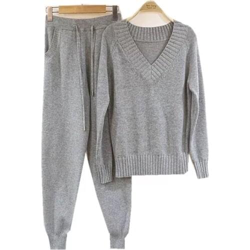 New fashion Womens Autumn winter Woolen and Cashmere Knitted Suit V neck Sweater Tracksuit Women Hoodies Two-Piece Set knit