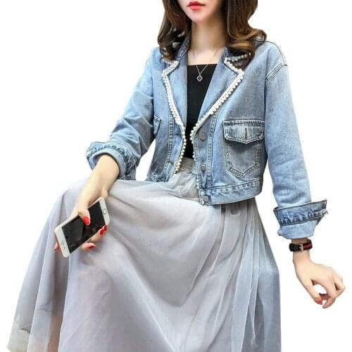 Autumn Fashion Women Short Denim Jacket Korean Casual Pearl Beads Jeans Jacket Female Long Sleeve Loose Coats 2021 New Nz091