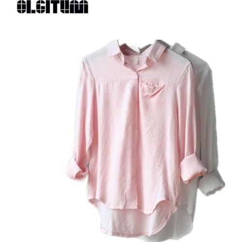 Simple Style Shirt for Female Autumn Loose Cardigan Shirt Solid Coat Casual New Womens Shirts with Pocket BS247